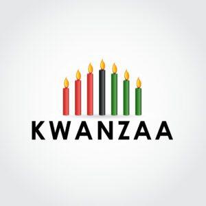 The words Kwanzaa written under 3 red candles, 1 black candle, and 3 green candles